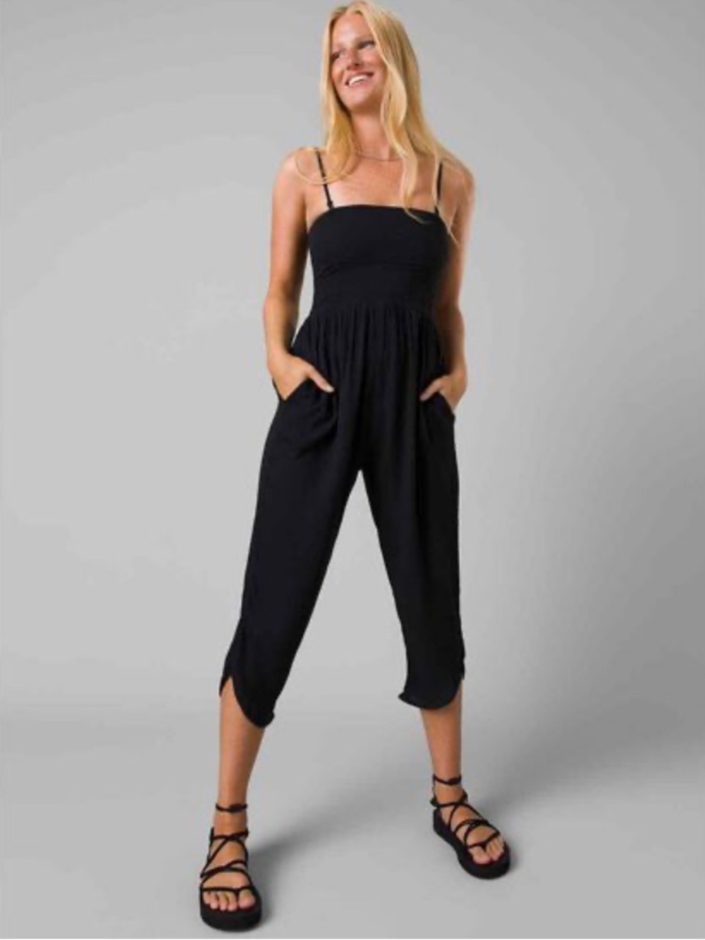 PRANA Women’s Size XS Black Fernie Smocked Bodice Lightweight Cropped Jumpsuit